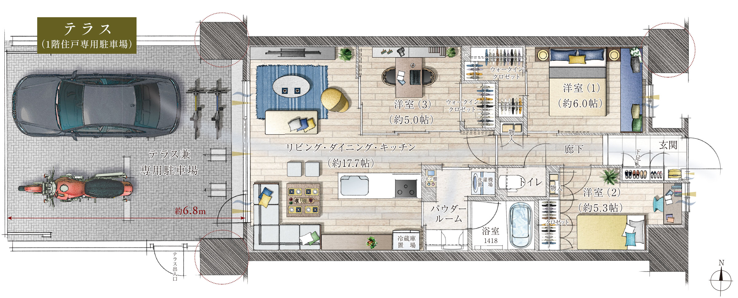 Ctタイプ 専用駐車場付き住戸間取り図イラスト