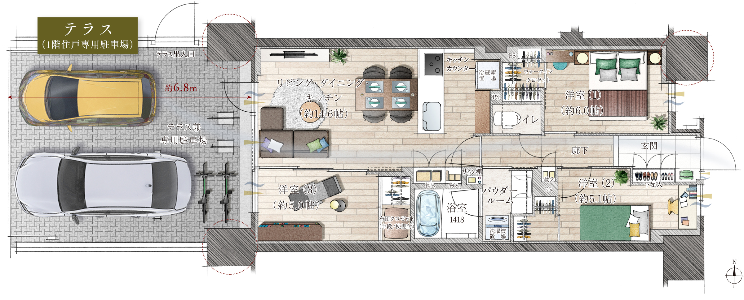 Ctタイプ 専用駐車場付き住戸間取り図イラスト