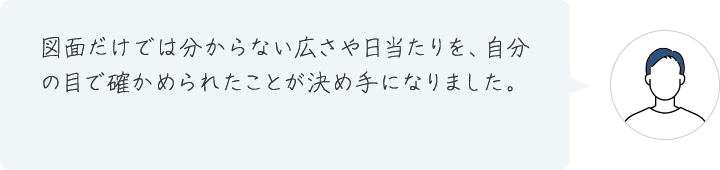 図面だけでは分からない広さや日当たりを、自分の目で確かめられたことが決め手になりました。