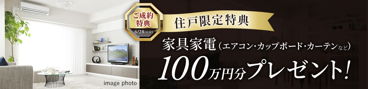 ご成約特典 住戸限定特典 エアコン・カップボード（食器棚）・カーテンなど100万円分家電プレゼント！