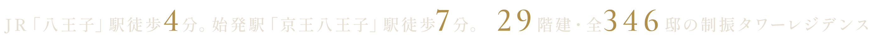 JR「八王子」駅徒歩4分。始発駅「京王八王子」駅徒歩7分。29階建・全346戸の制振タワーレジデンス