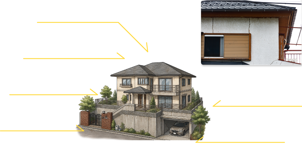 屋根リフォーム:60万〜250万円|バルコニーリフォーム:30万〜150万円|外壁リフォーム:25万〜250万円|玄関ドアリフォーム:1万〜80万円|エクステリア:5万〜150万円|庭・ガーデニング:5万〜50万円