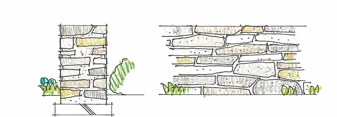 石積み壁と植栽のスケッチ