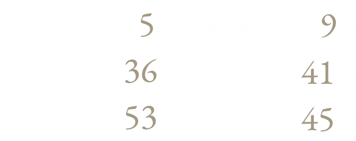 「町田」駅直通5分 「海老名」駅直通9分 「新横浜」駅36分 「横浜」駅41分 「渋谷」駅53分 「新宿」駅 45分